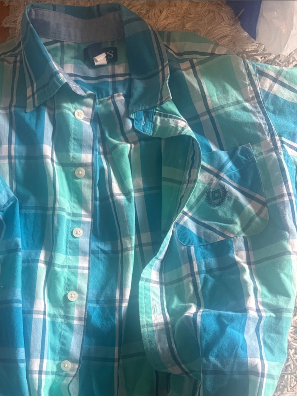 Chaps Boys Plaid Short-Sleeve Button-Down in Teal & Blue